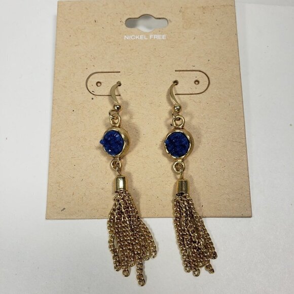 NWT Gold-tone Fringe chain Blue Drop Dangle Earrings - Picture 5 of 8
